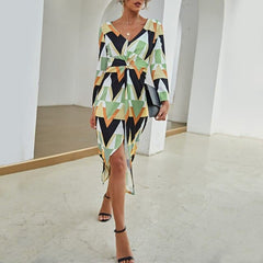 Gingham Dress Linen blend Checkered V neck Tie Waist Wrap Side Split Midi Dress Autumn Party Dresses Clothing