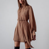 Classic Half High Collar Solid Long sleeve Chiffon Dresses