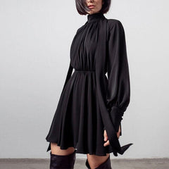 Classic Half High Collar Solid Long sleeve Chiffon Dresses