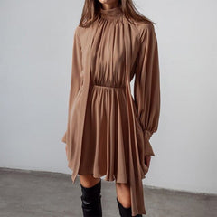 Classic Half High Collar Solid Long sleeve Chiffon Dresses