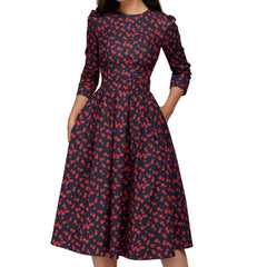 Vintage Print Midi Evening Sleeves A Line O Neck Dress