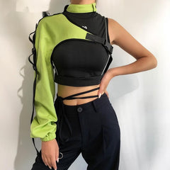 Streetwear Neon Halter Sweatshirt Hoodie Buckle Reflective Smock One Shoulder Sweatshirts Holographic Outwear