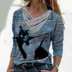 Tunic Vintage Casual Tops Cross V neck Buttons Printing Long Sleeve Sweaters Top Summer Female T shirt Female Clothing