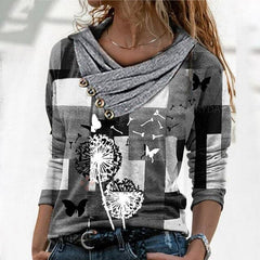 Tunic Vintage Casual Tops Cross V neck Buttons Printing Long Sleeve Sweaters Top Summer Female T shirt Female Clothing