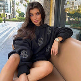 Money Print Baclk Hoodies Loose Long Sweatshirts Autumn Winter Oversized Pullover Hot Female Clothing Casual Fashion Streetwear