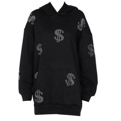 Money Print Baclk Hoodies Loose Long Sweatshirts Autumn Winter Oversized Pullover Hot Female Clothing Casual Fashion Streetwear