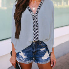 Solid Color Striped V neck Bat Sleeve Shirt Chiffon Plus Size Long Sleeve Blouses Loose Patchwork Summer Beach Tops