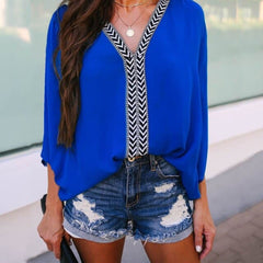 Solid Color Striped V neck Bat Sleeve Shirt Chiffon Plus Size Long Sleeve Blouses Loose Patchwork Summer Beach Tops