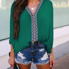 Solid Color Striped V neck Bat Sleeve Shirt Chiffon Plus Size Long Sleeve Blouses Loose Patchwork Summer Beach Tops