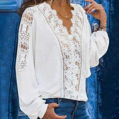 Fashion Spring Shirts Casual Solid Colors Lace Hollow Out V Neck Long Sleeves Elegant Female Blouse Tops