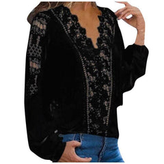 Fashion Spring Shirts Casual Solid Colors Lace Hollow Out V Neck Long Sleeves Elegant Female Blouse Tops
