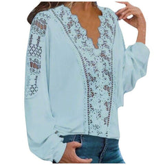 Fashion Spring Shirts Casual Solid Colors Lace Hollow Out V Neck Long Sleeves Elegant Female Blouse Tops