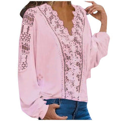 Fashion Spring Shirts Casual Solid Colors Lace Hollow Out V Neck Long Sleeves Elegant Female Blouse Tops