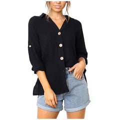 Fashion Loose Solid Color Turndown Collar Button Blouses Casual Autumn Cotton Linen Long Sleeved Shirt