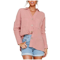 Fashion Loose Solid Color Turndown Collar Button Blouses Casual Autumn Cotton Linen Long Sleeved Shirt