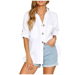 Fashion Loose Solid Color Turndown Collar Button Blouses Casual Autumn Cotton Linen Long Sleeved Shirt