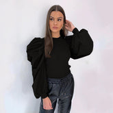 Fashion Round Neck Long Frill Puff Sleeve Casual Solid Colos Blouse Shirt Elegant Slim Ladies Retro Tops