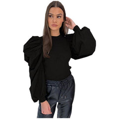 Fashion Round Neck Long Frill Puff Sleeve Casual Solid Colos Blouse Shirt Elegant Slim Ladies Retro Tops