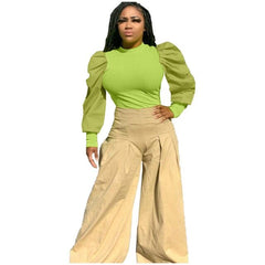 Fashion Round Neck Long Frill Puff Sleeve Casual Solid Colos Blouse Shirt Elegant Slim Ladies Retro Tops