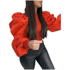 Fashion Round Neck Long Frill Puff Sleeve Casual Solid Colos Blouse Shirt Elegant Slim Ladies Retro Tops
