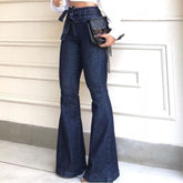 Women's Jeans Patch Pockets Thin Wide Leg Flared Pants Fashion Lady High Waisted Lacing Stretch Jeans Bell bottomed Pants