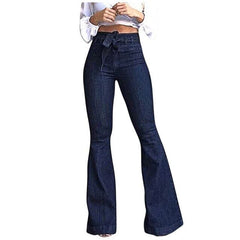 Women's Jeans Patch Pockets Thin Wide Leg Flared Pants Fashion Lady High Waisted Lacing Stretch Jeans Bell bottomed Pants