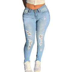 Women's Ripped Jeans High Waist Stretch Skinny Denim Trousers Blue Retro Washed Fashion Elastic Slim Pencil Pants