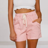 Solid Elastic Waist High Waisted Casual Short Pockets Cheap Stuff Bermuda Fashion Cotton and Linen Shorts