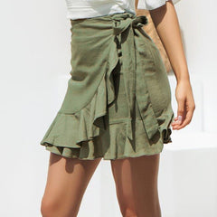 New White Skirts Solid Ruffles Bandage Lace Up Short Skirt A Line Pleated Mini Shirt for Girls