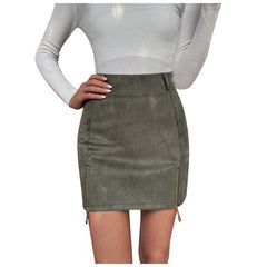 Mini Skirt Suede Zipper Bandage Slim Autumn New Korean High Waist Casual Solid A line Slits Bodycon Skirts