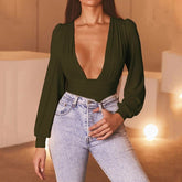 Deep V Neck Bodysuit Puff Sleeve Bodycon Jumpsuit Solid Color Elastic Casual Party Winter Bodysuits Body Tops