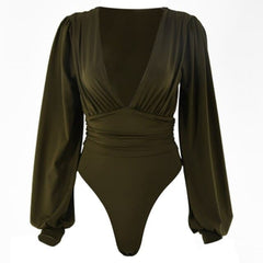 Deep V Neck Bodysuit Puff Sleeve Bodycon Jumpsuit Solid Color Elastic Casual Party Winter Bodysuits Body Tops