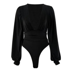 Deep V Neck Bodysuit Puff Sleeve Bodycon Jumpsuit Solid Color Elastic Casual Party Winter Bodysuits Body Tops