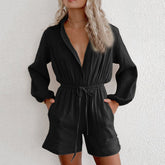 Fashion V Neck Casual Sport Short Rompers Button Down Shorts Bodysuit Linen Drawstring Casual Jumpsuit Overalls