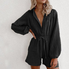 Fashion V Neck Casual Sport Short Rompers Button Down Shorts Bodysuit Linen Drawstring Casual Jumpsuit Overalls