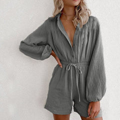 Fashion V Neck Casual Sport Short Rompers Button Down Shorts Bodysuit Linen Drawstring Casual Jumpsuit Overalls