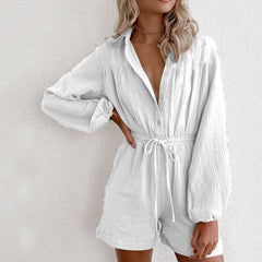 Fashion V Neck Casual Sport Short Rompers Button Down Shorts Bodysuit Linen Drawstring Casual Jumpsuit Overalls