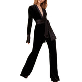 Velvet Jumpsuit Woman Deep V Neck Split Joint Satin Long Sleeve Black Ladies Elegant Slim Chic Runway Clothing