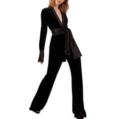 Velvet Jumpsuit Woman Deep V Neck Split Joint Satin Long Sleeve Black Ladies Elegant Slim Chic Runway Clothing