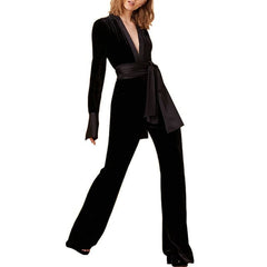 Velvet Jumpsuit Woman Deep V Neck Split Joint Satin Long Sleeve Black Ladies Elegant Slim Chic Runway Clothing