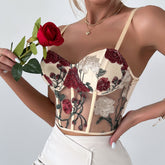 Floral Embroidered Cropped Corset Top - Apricot