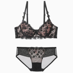 Floral Embroidered Underwired Lace Bra Set - Black