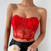 Embroidered Sheer Tulle Crop Corset Tube Top - Red