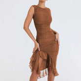 Mesh Ruched Crew Neck Sleeveless Bodycon Ruffle Cocktail Midi Dress - Brown