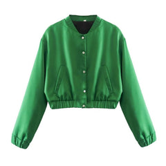 Mock Neck Button Up Long Sleeve Bomber Jacket - Emerald Green