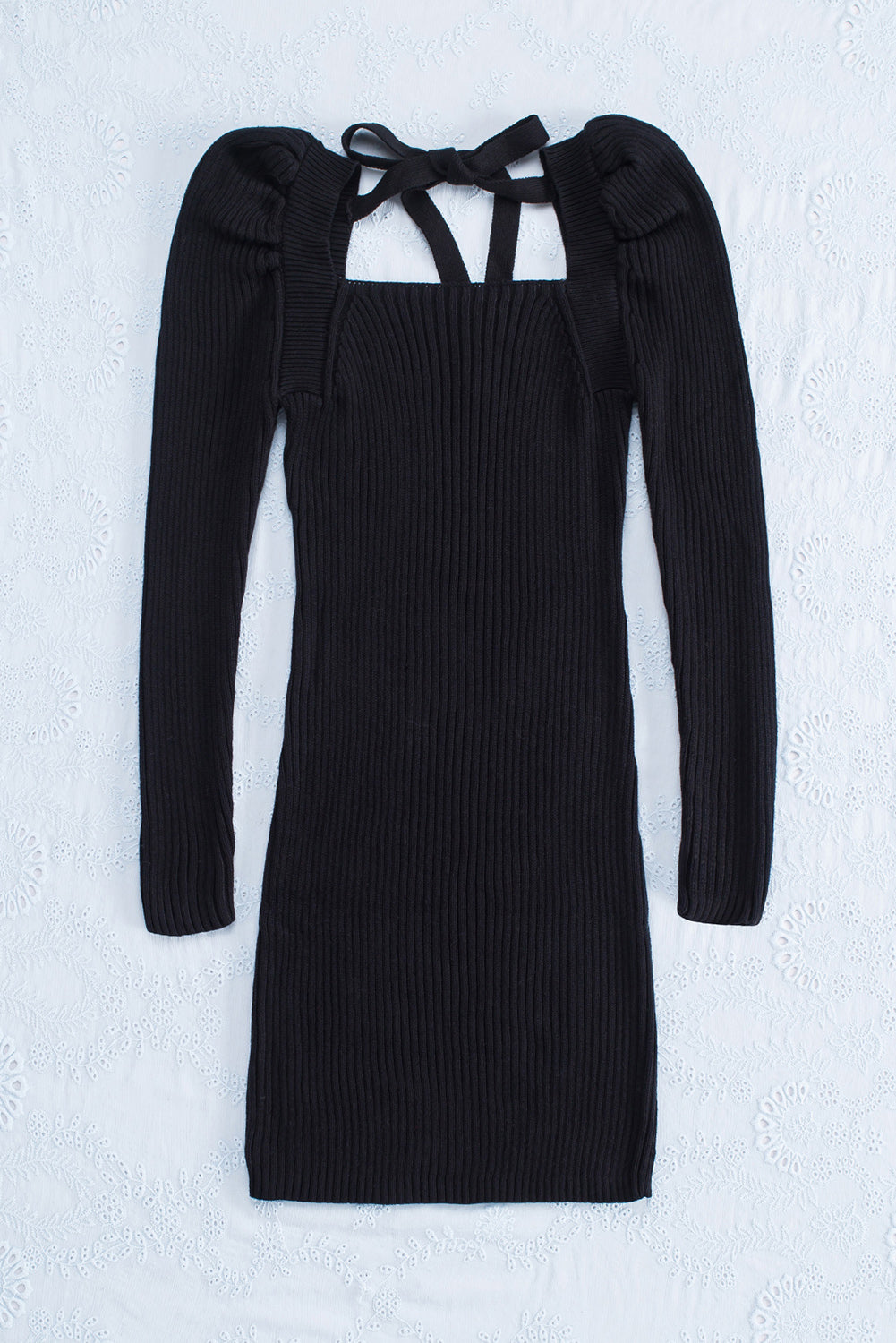 Black Square Neck Puffy Sleeve Sweater Dress