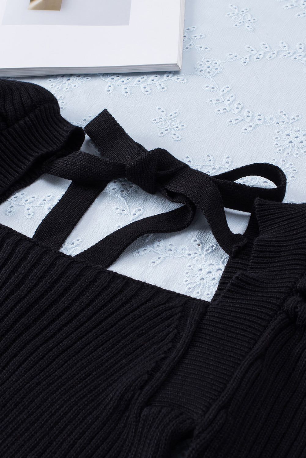 Black Square Neck Puffy Sleeve Sweater Dress