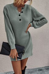 Buttoned Notched Neck Drop Shoulder Waffle Knit Sweater Dress