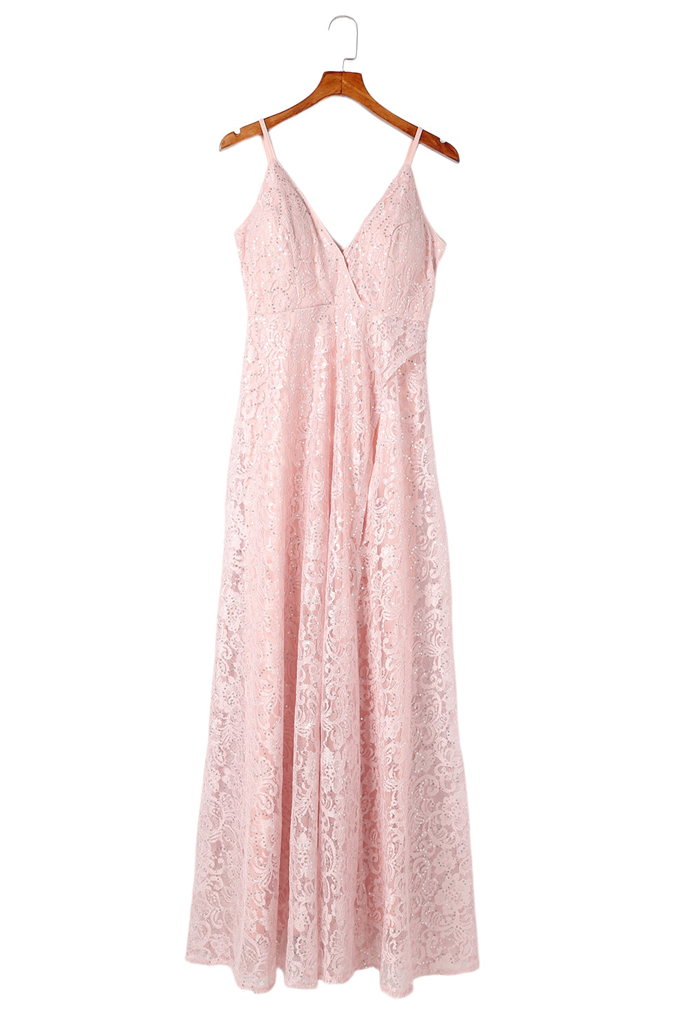 Pink Side Split Spaghetti Strap Contrast Lace Sequin Maxi Dress