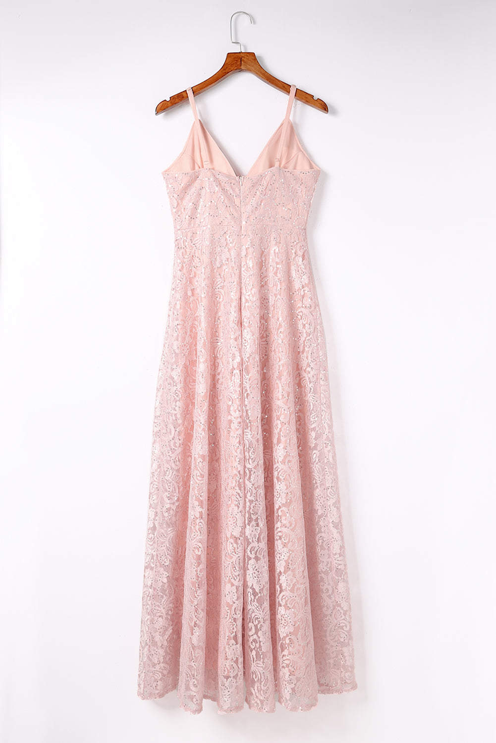 Pink Side Split Spaghetti Strap Contrast Lace Sequin Maxi Dress